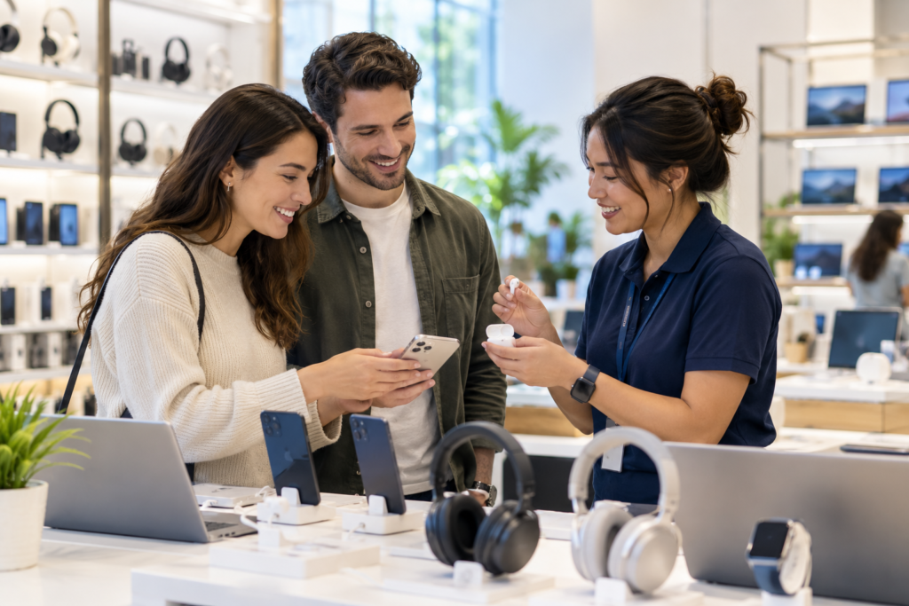 Store advisor helping customers compare smartphones and wireless earbuds in an electronics shop