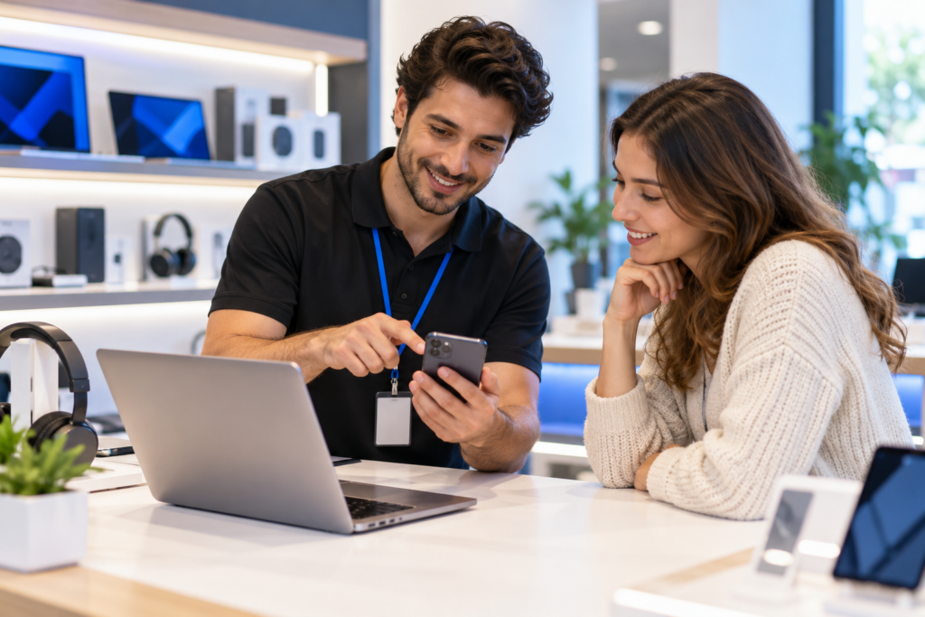 Electronics advisor helping a customer choose a smartphone