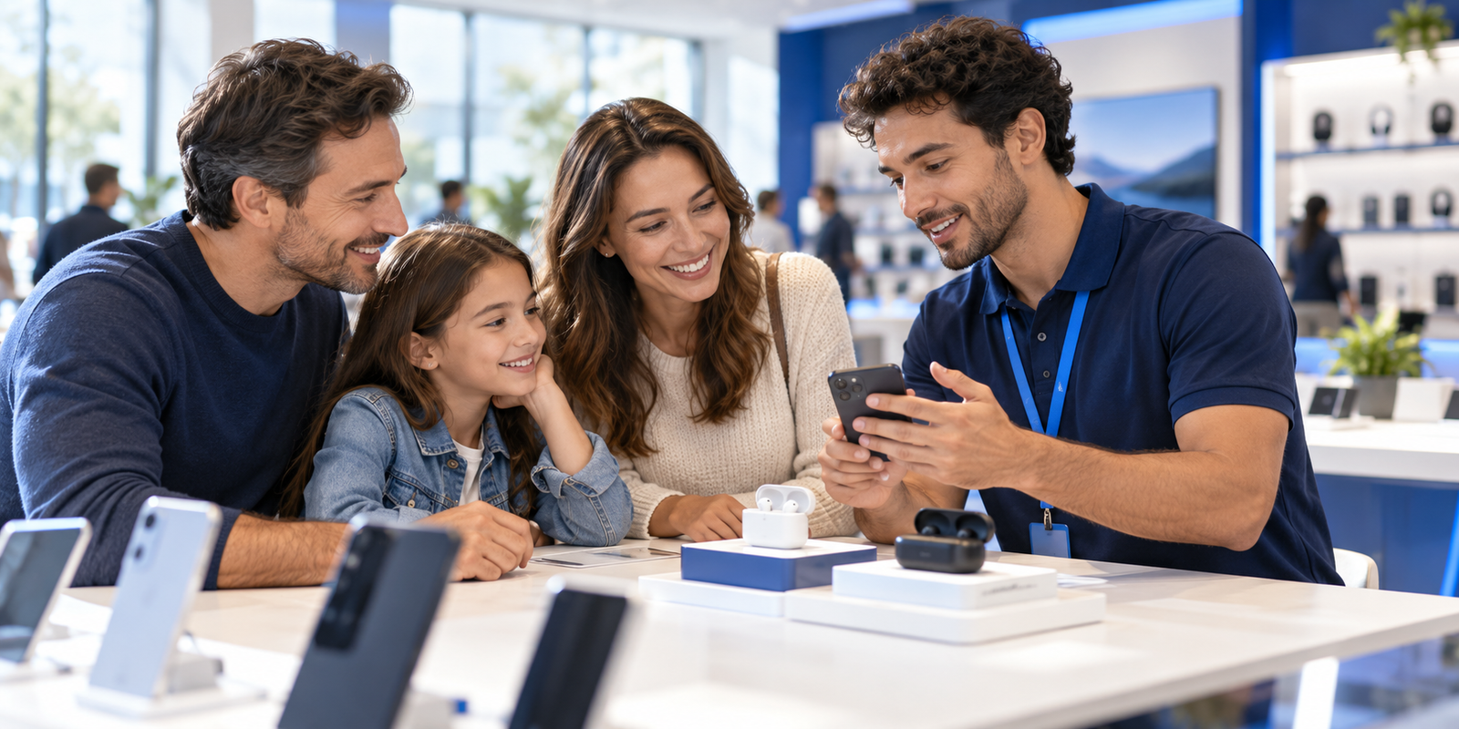 Friendly technology advisor helping a family compare a smartphone and earbuds