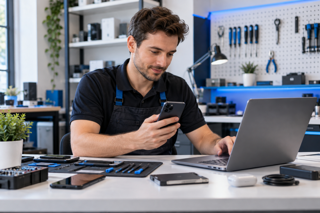 Laptop, smartphone, headphones, earbuds, smartwatch and charging accessories arranged on a desk