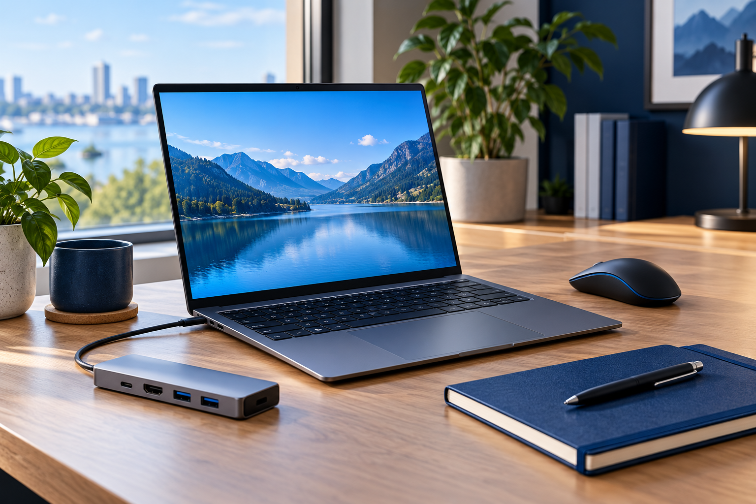 Laptop and useful accessories arranged on a home office desk