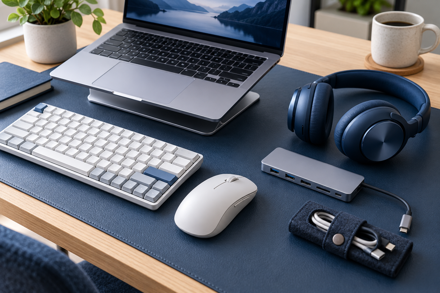 Keyboard, wireless mouse, headphones and USB-C hub on a tidy desk