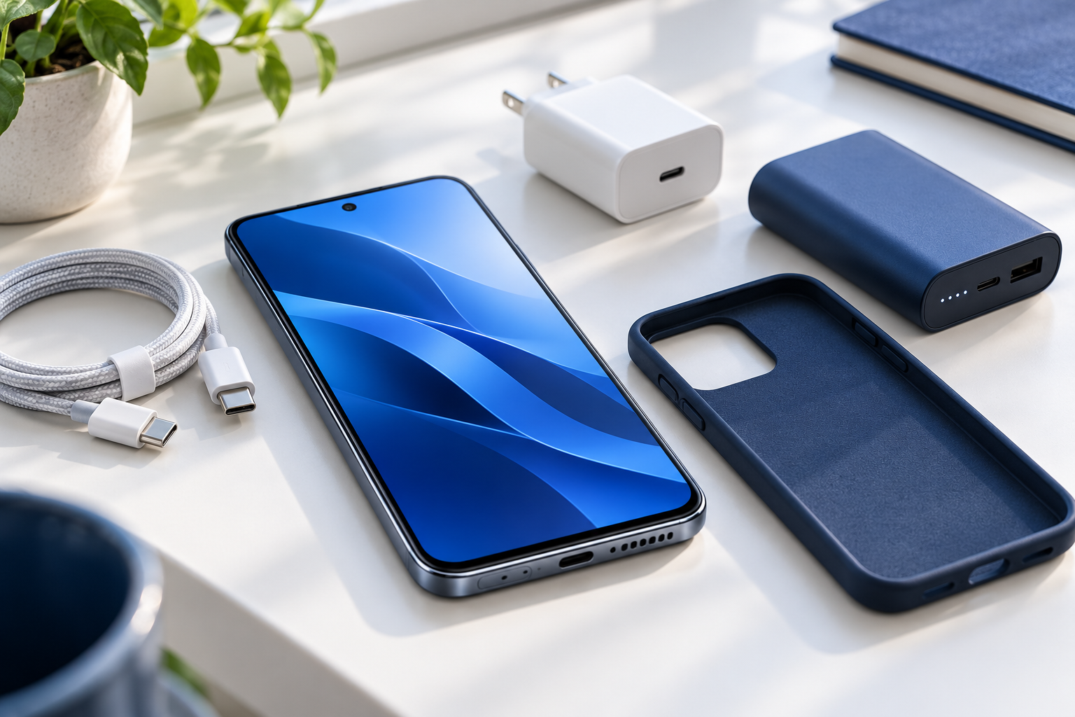 Smartphone with protective case, charger and power bank on a bright desk