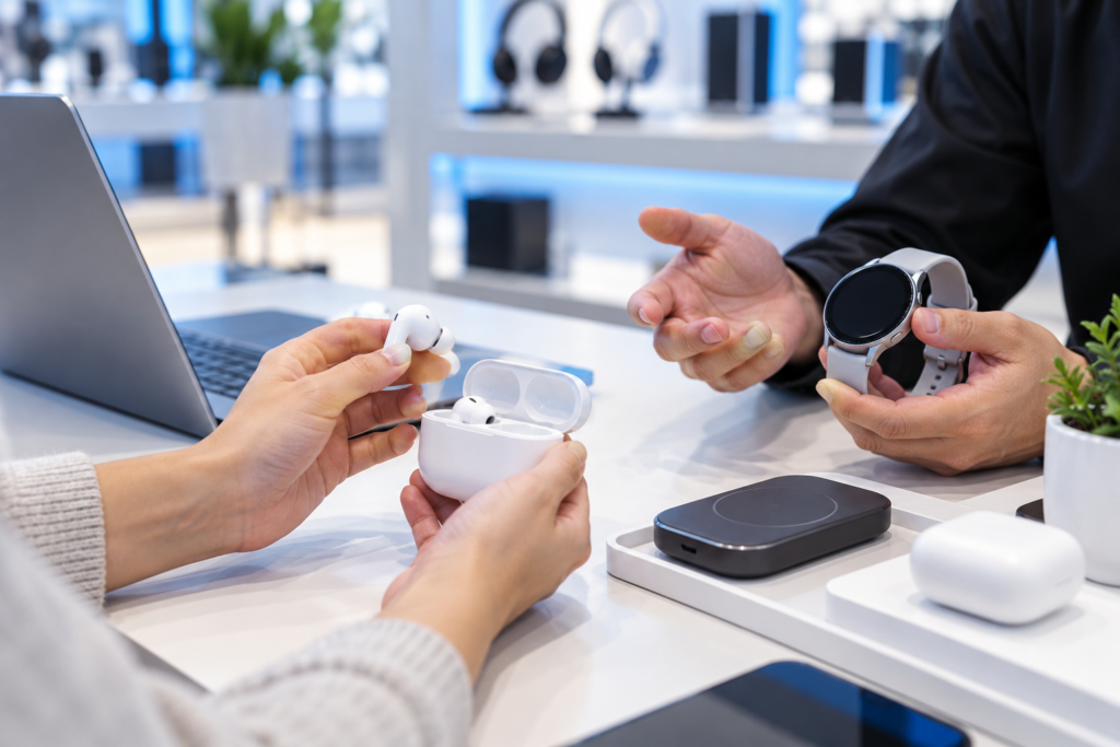 Customer exploring earbuds and smartwatch with an advisor