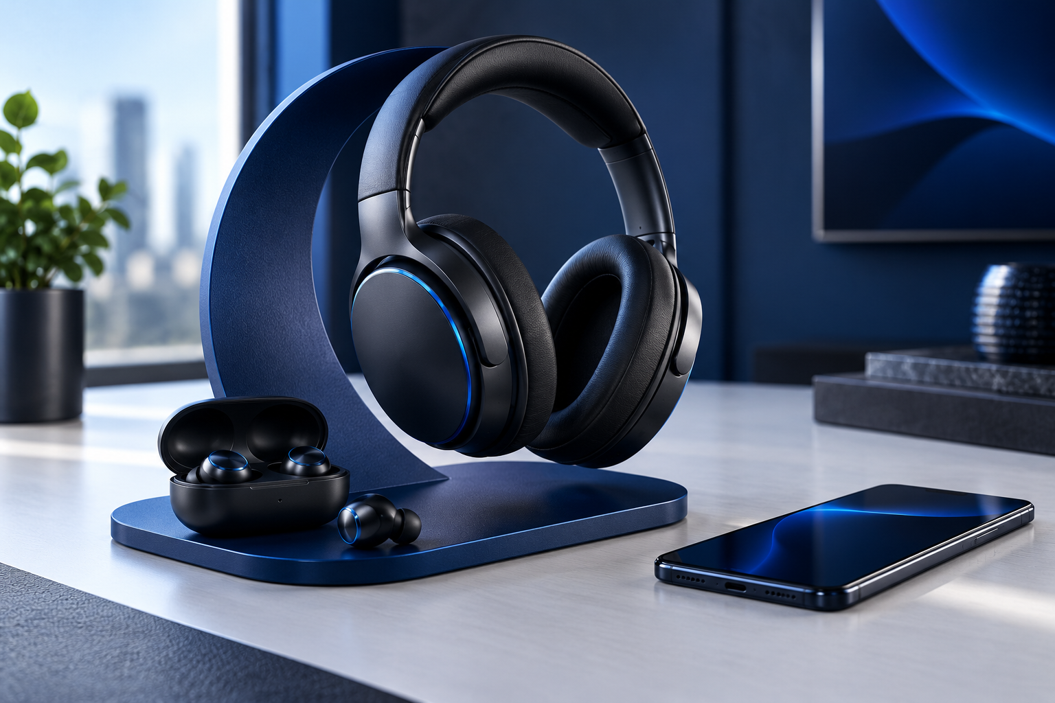 Wireless headphones and earbuds beside a smartphone