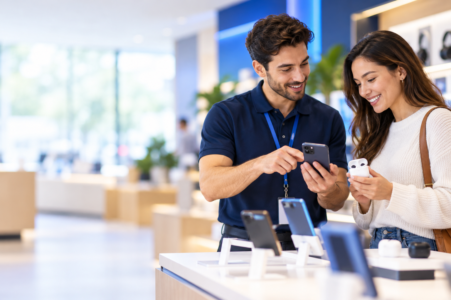 Electronics advisor helping a customer choose a smartphone and wireless earbuds