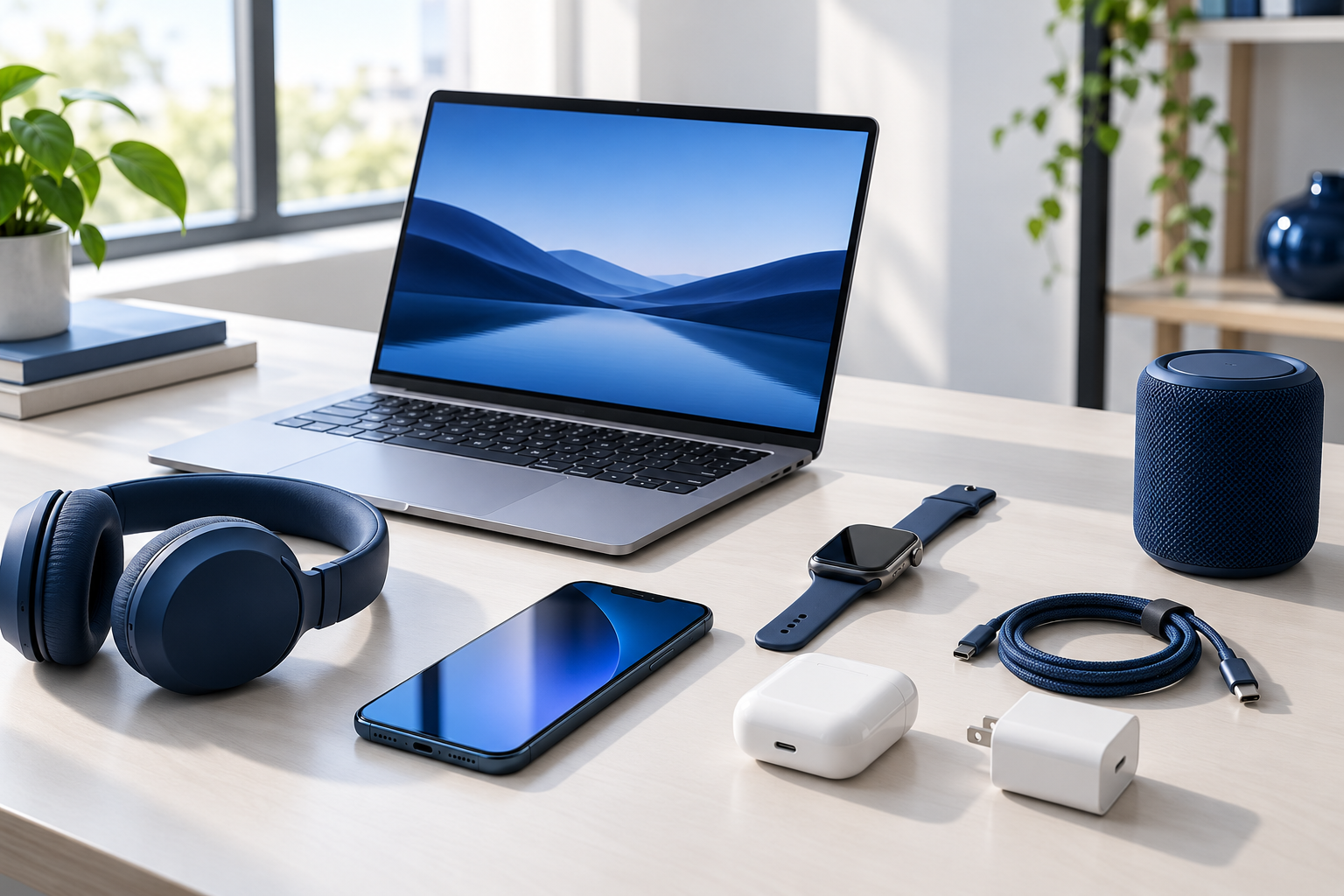 Laptop, smartphone, smartwatch, headphones and useful charging accessories arranged on a desk
