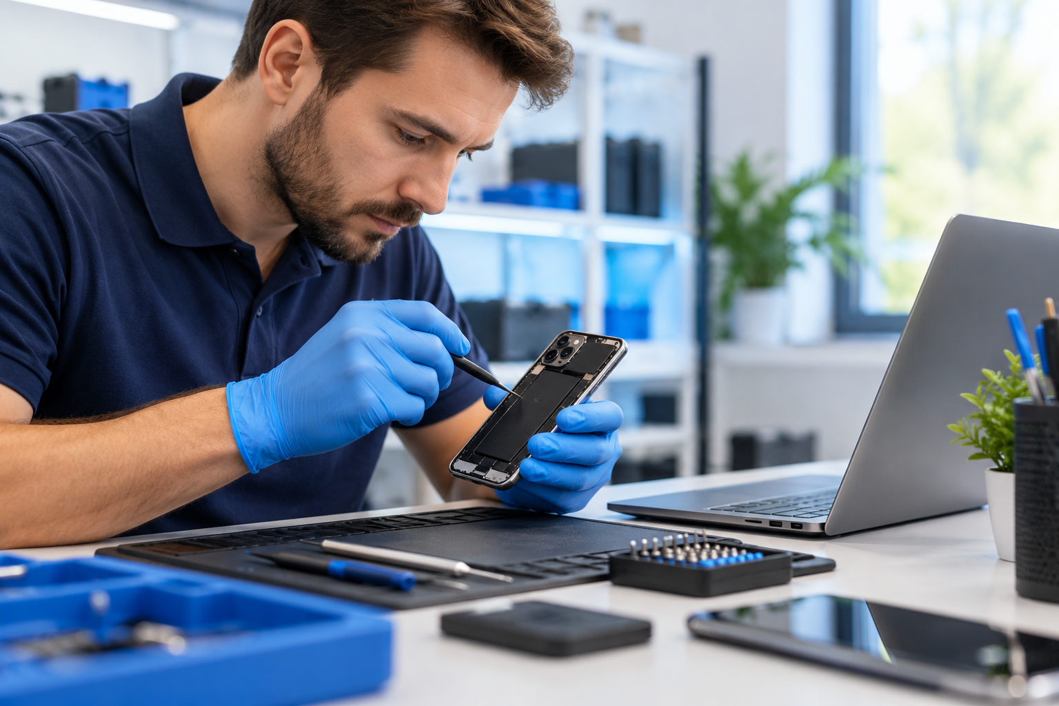 Technician carefully inspecting a smartphone at a clean workbench