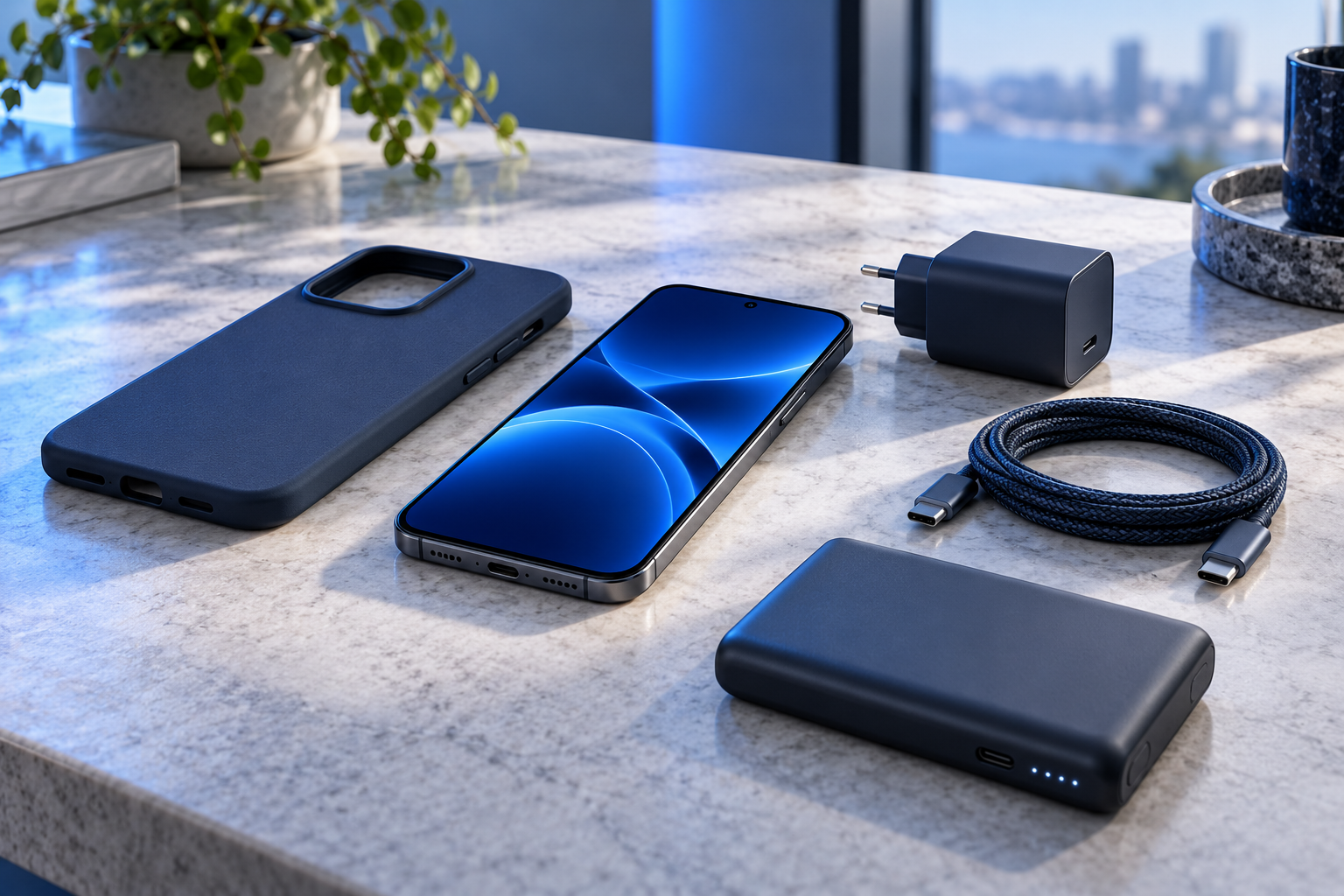 Smartphone with protective case, charger and everyday accessories