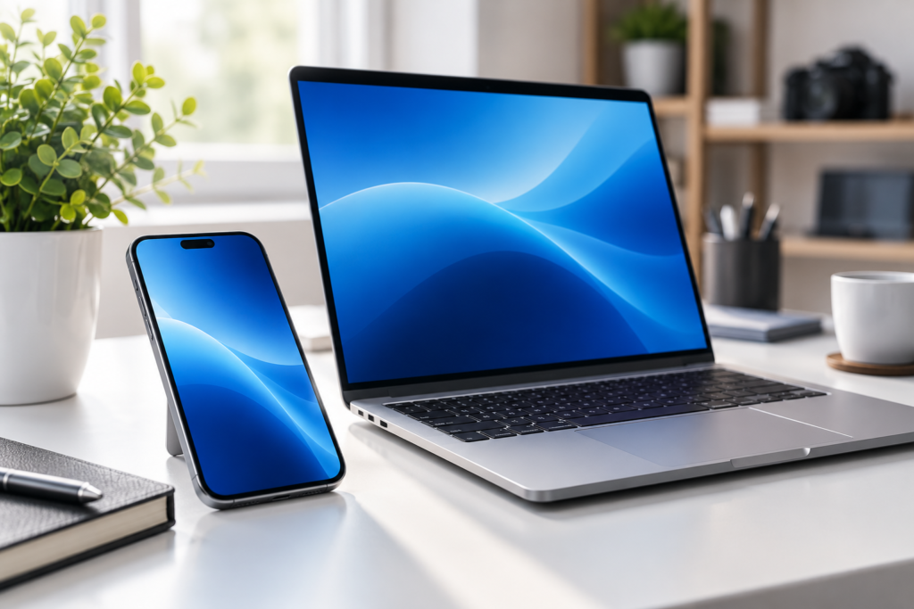 Smartphone and laptop on a bright desk in a modern workspace