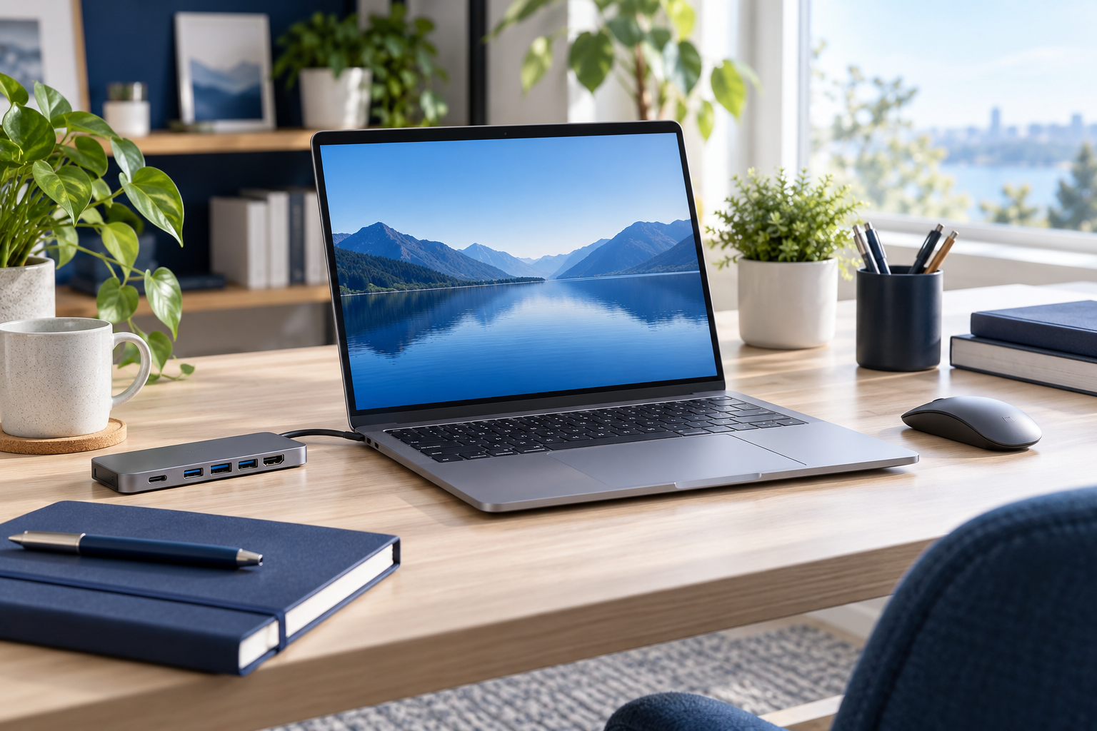 Laptop with mouse, USB-C hub and notebook in a bright workspace