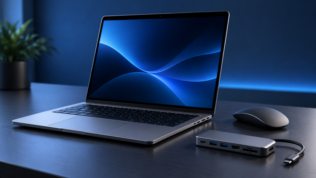 Laptop, wireless mouse and USB-C accessories