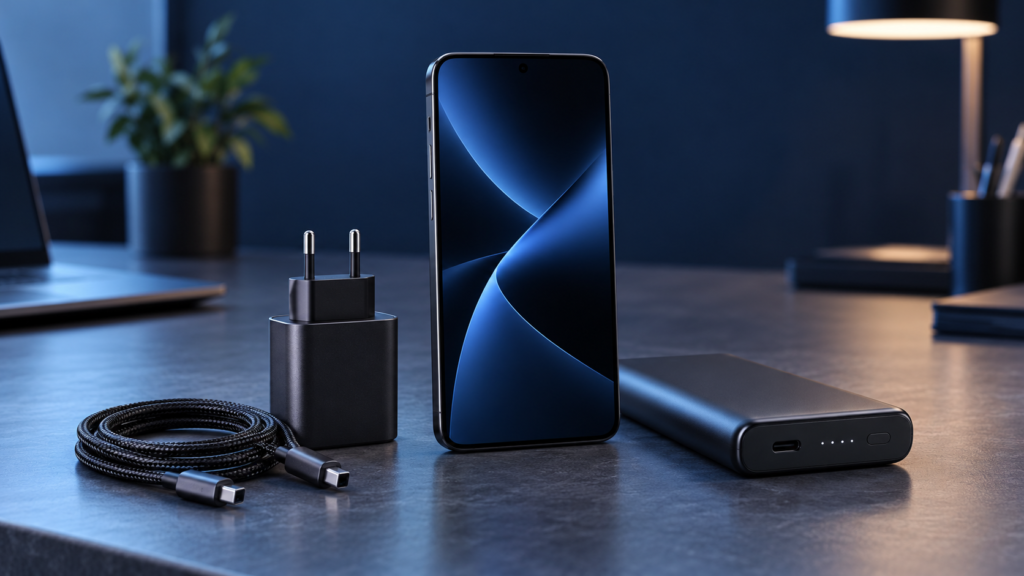 Smartphone with charger, USB-C cable and power bank
